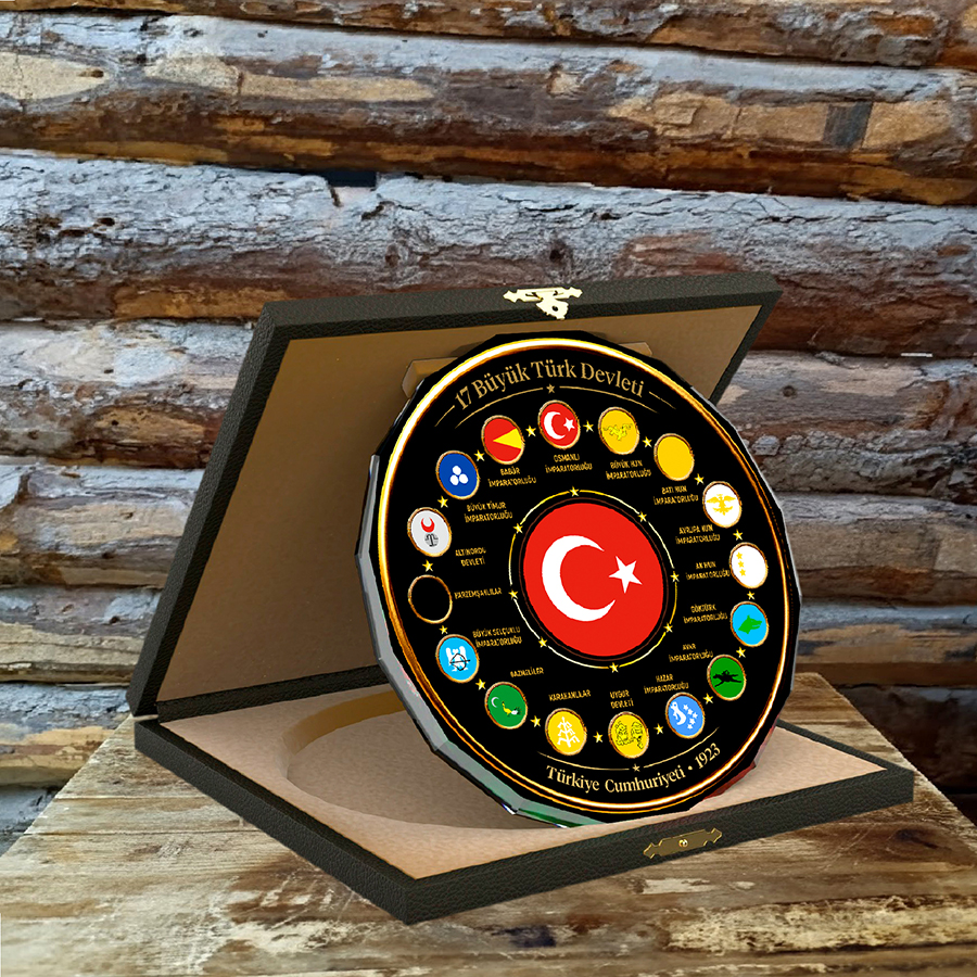 17 Büyük Türk Devleti Cam Plaket (Deri Kutulu)