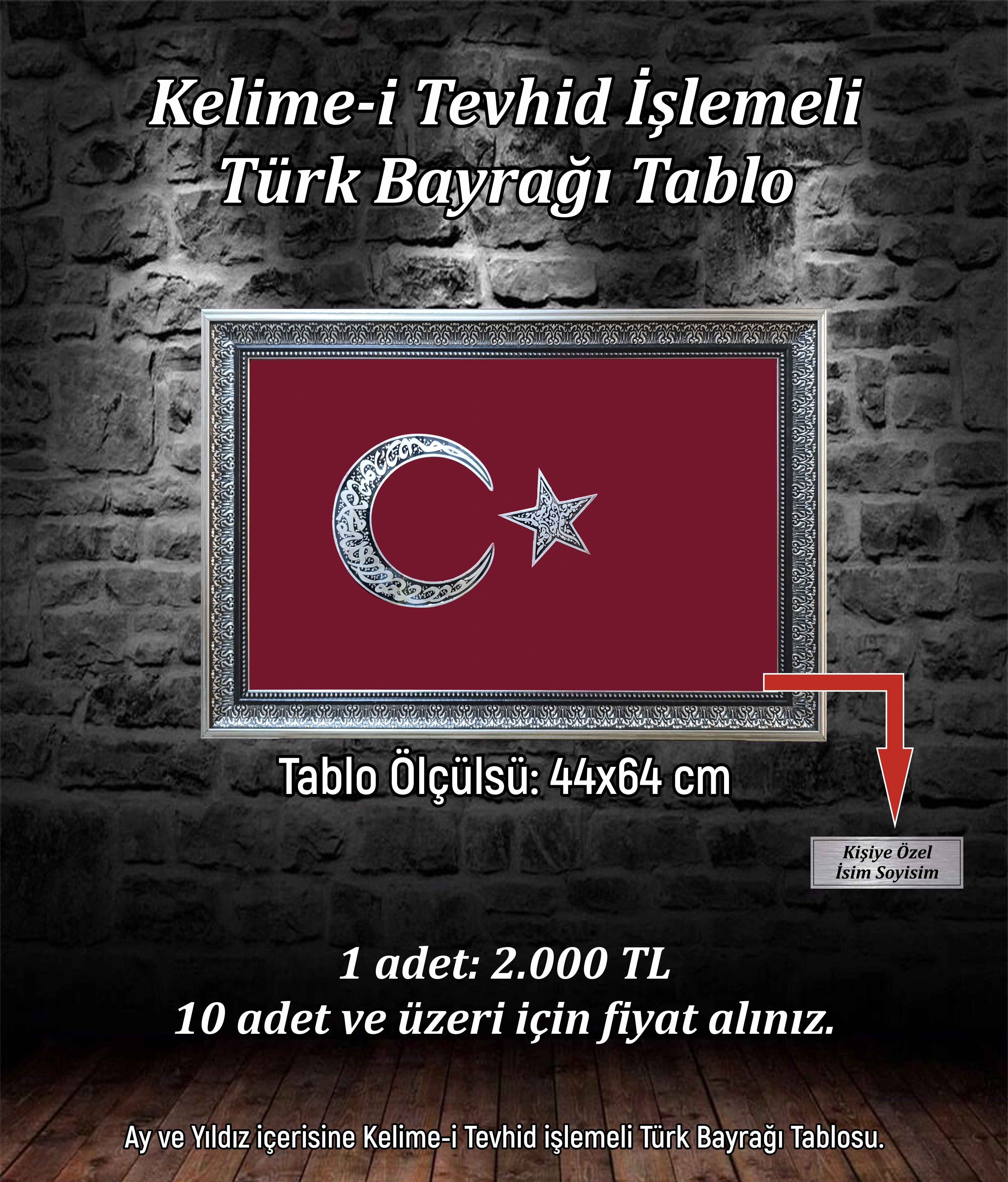 Kelime-i Tevhid İşlemeli Türk Bayrağı Tablo